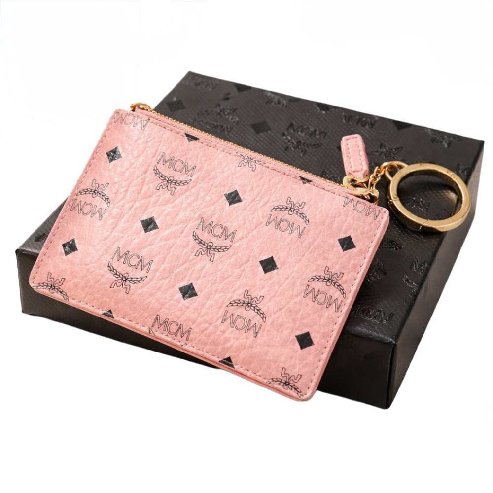 MCM Visetos Monogram Logo Zip Card Case Gold Keychain Wallet Pouch – Soft Pink - Picture 2 of 8